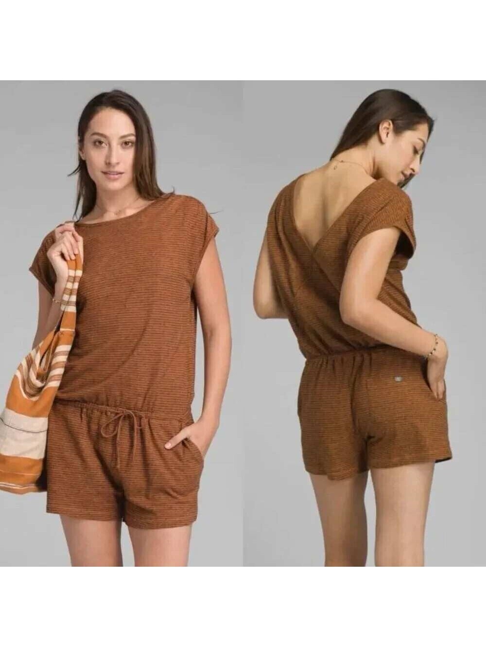 PrAna Romper S Striped V Neck Drawstring Pockets Cap Sleeve Rust Hemp Organic